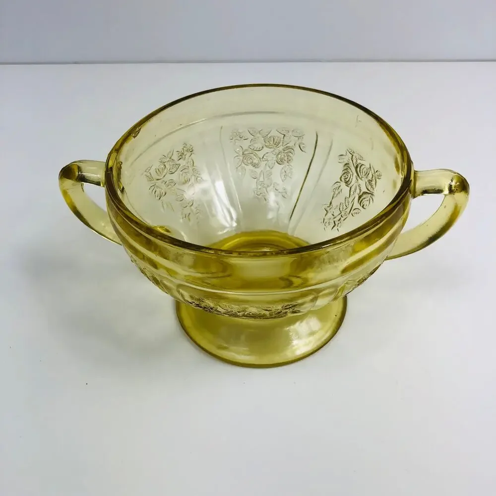 Amber Federal Glass Depression Glass Sharon Cabbage Rose Open Sugar Bowl READ
